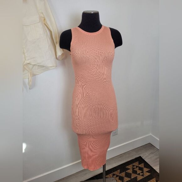 Women's XS Outfit Ribknit Bodycon Dress Linen Button Waist Tie Shirt Pink White - Picture 9 of 14